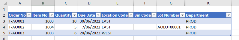 Assembly Order Excel File