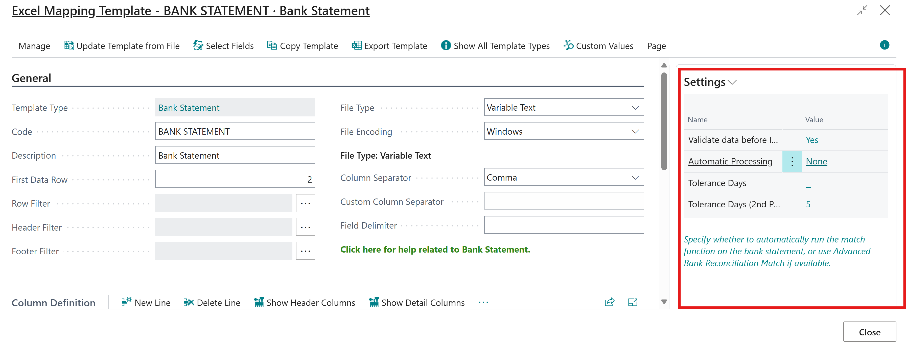 Bank Statement Settings