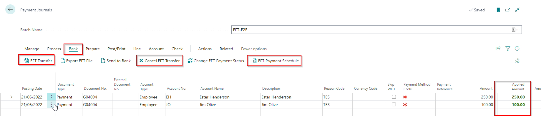 Reviewing EFT Transfers - Payment Journal