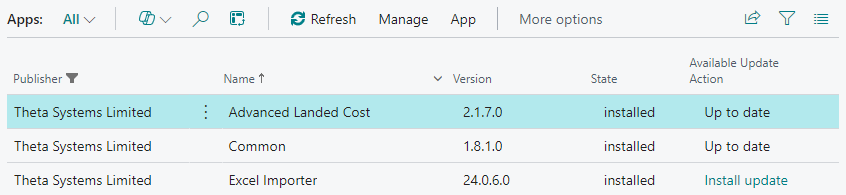 screenshot of list of environment apps