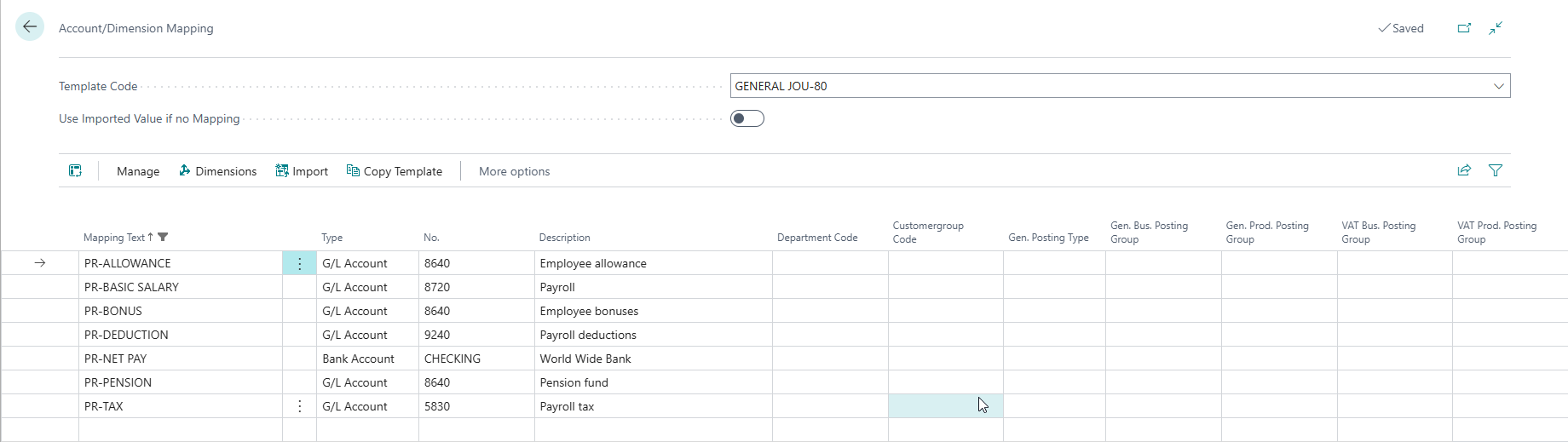 Account/Dimension Mapping