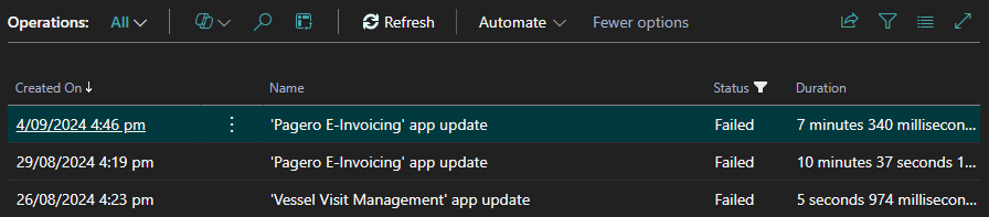 screenshot of list of failed operations