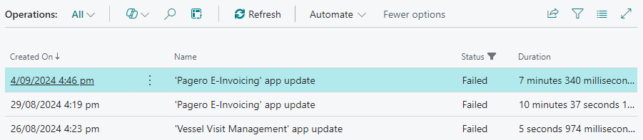 screenshot of list of failed operations