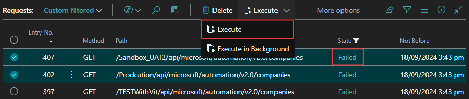 screenshot of a list of failed requests