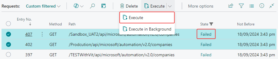 screenshot of a list of failed requests