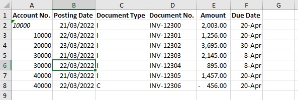 Excel file containing customer opening entries