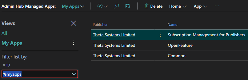 screenshot of list of managed apps with MyApps filter applied