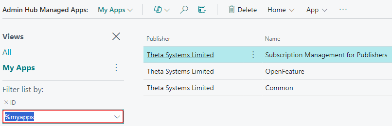 screenshot of list of managed apps with MyApps filter applied