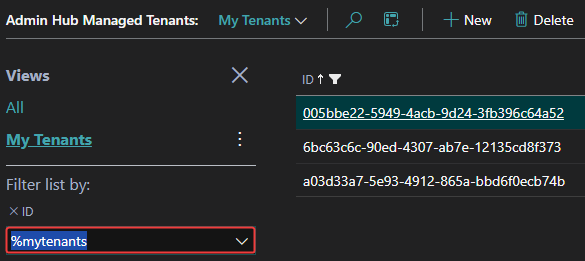 screenshot of list of managed tenants with NyTenants filter applied