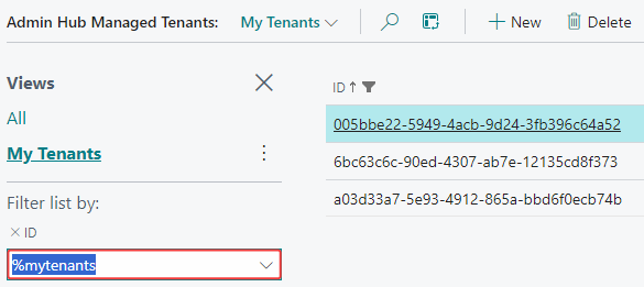 screenshot of list of managed tenants with NyTenants filter applied