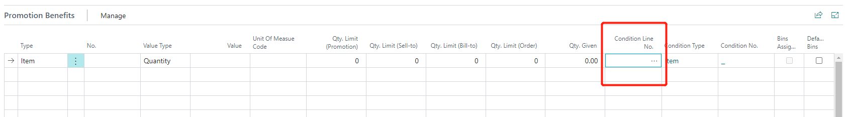 Promotion Benefits Field Condition Line No.
