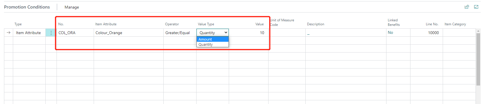 Promotion Conditions Type Item Attribute Value