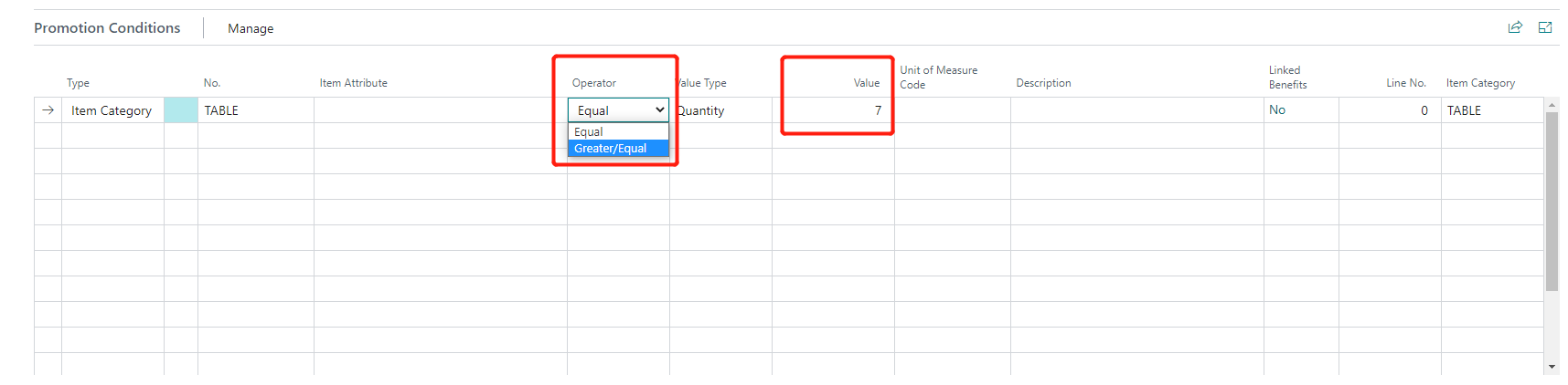 Promotion Conditions Type Item Category Value