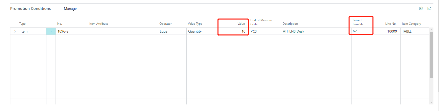 Promotion Conditions Type Item Value