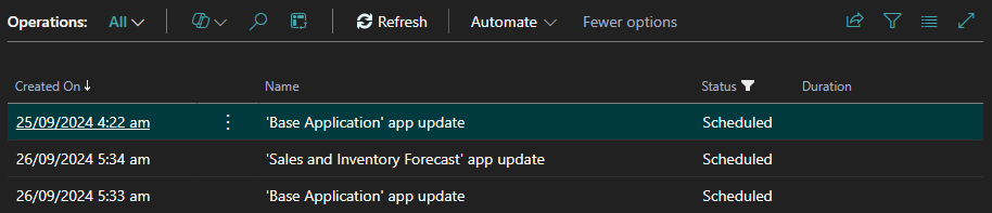 screenshot of list of queued operations