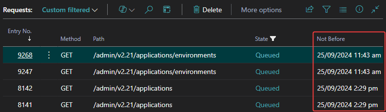 screenshot of a list of queued requests