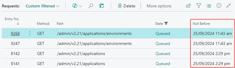 screenshot of a list of queued requests