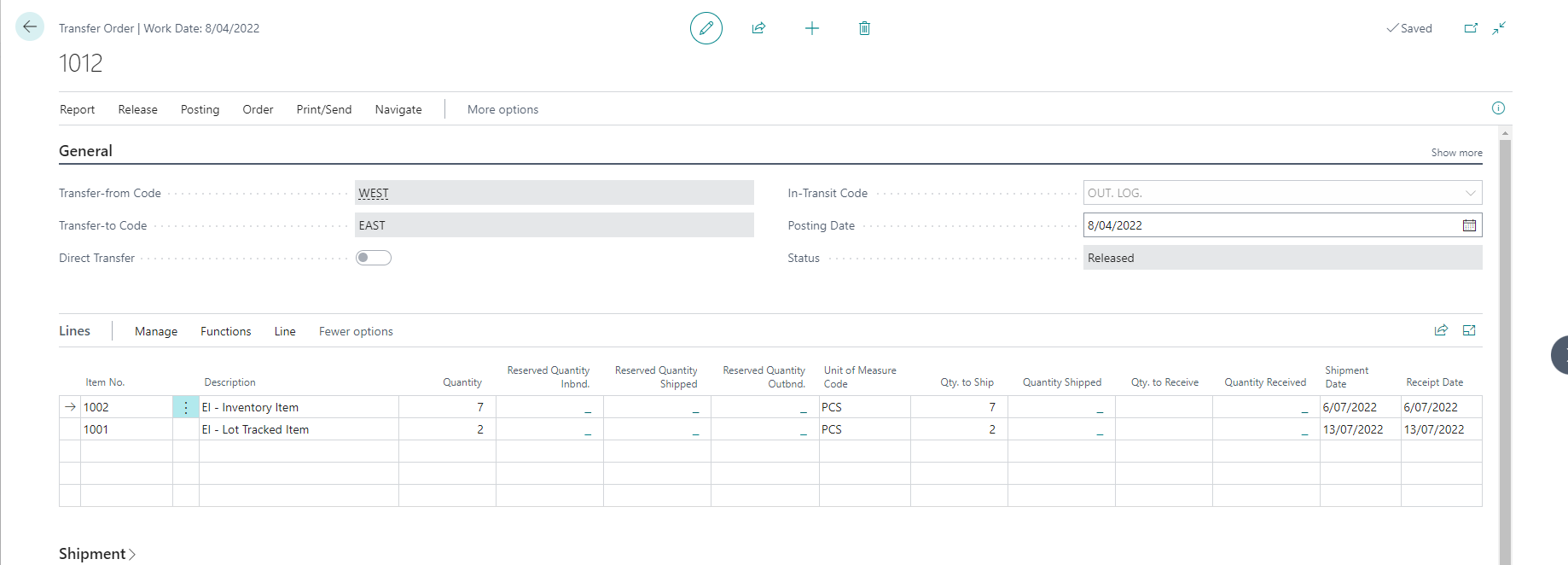 Transfer Order Page